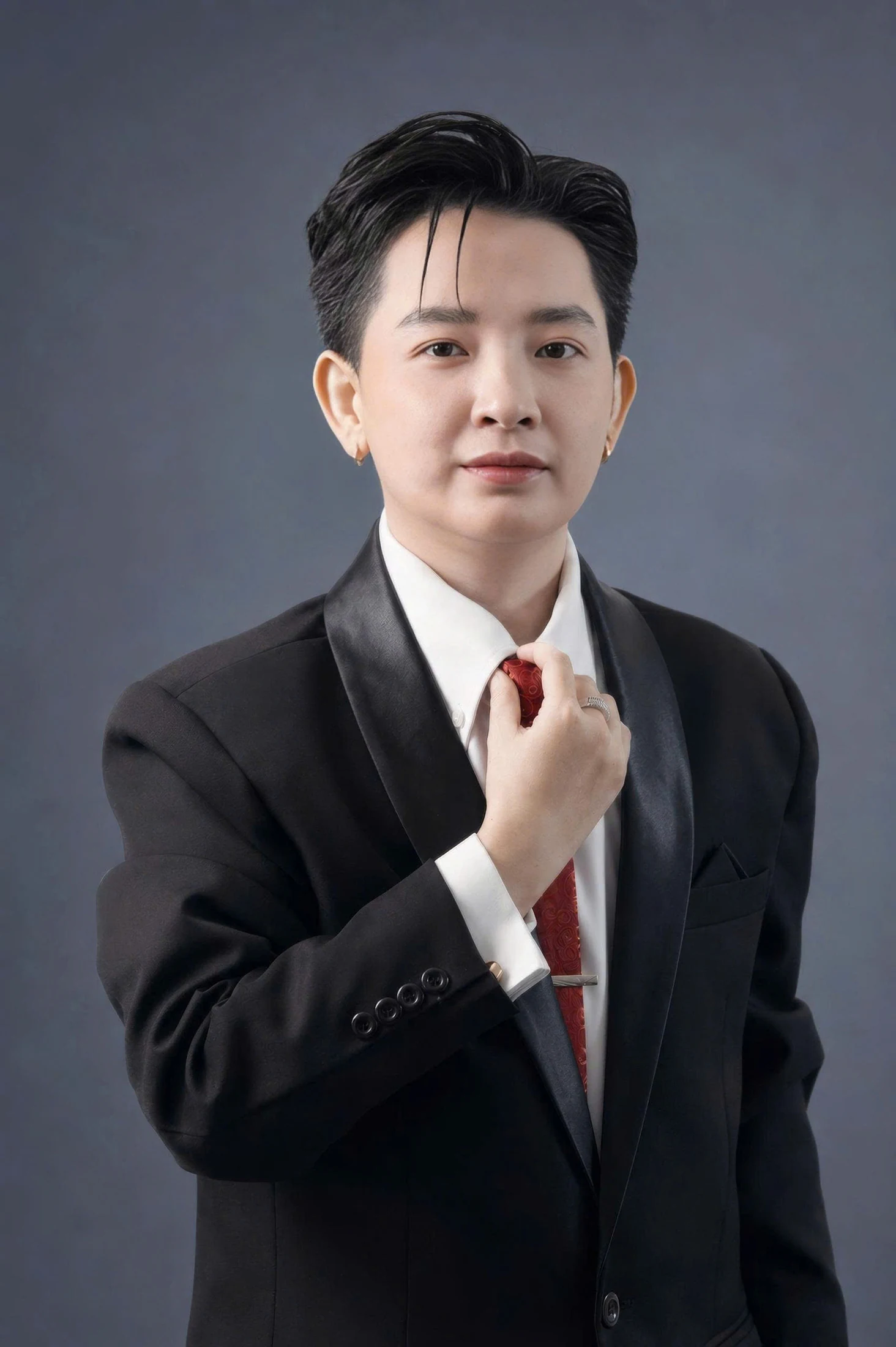 Founder Harry Hoàng Anh trong trang phục vest và cà vạt